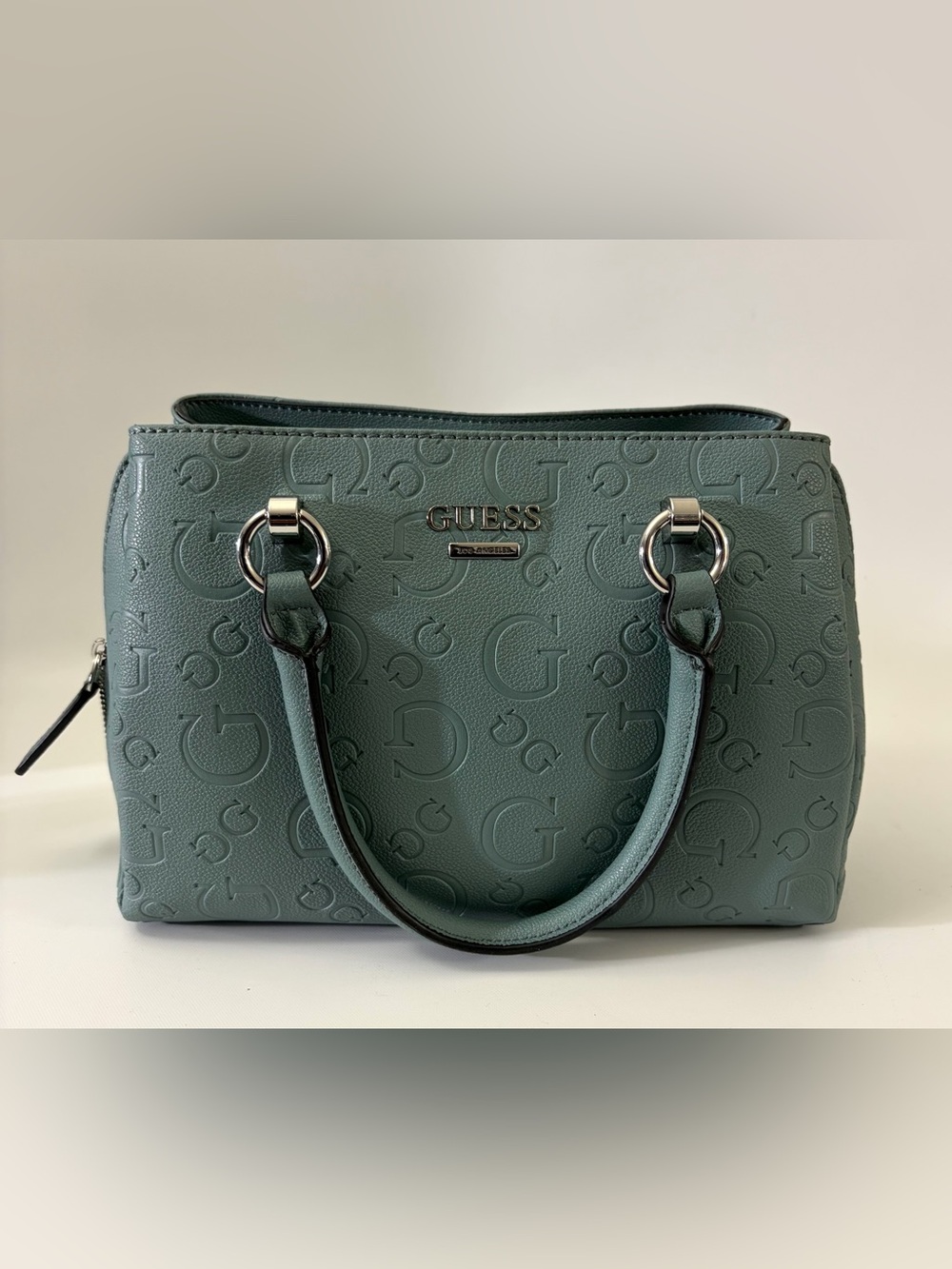 GUESS Green Satchel Handbag Crossbody Purse Embossed Logo Zip Top w/ Strap